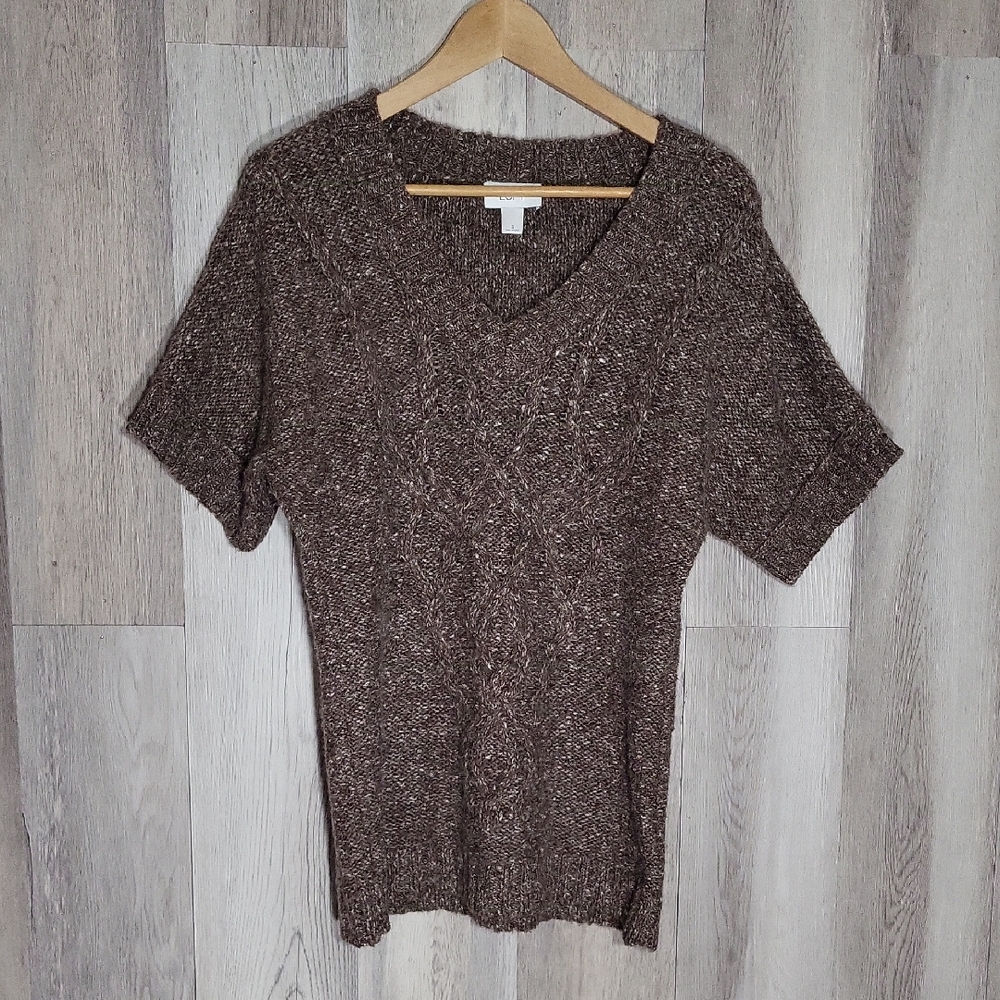 Loft Womens Small‎ Wool Sweater Cable Knit Short Sleeve V Neck Long Casual